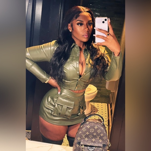 Olive Green Leather Two-Piece Set - Picture 1 of 5